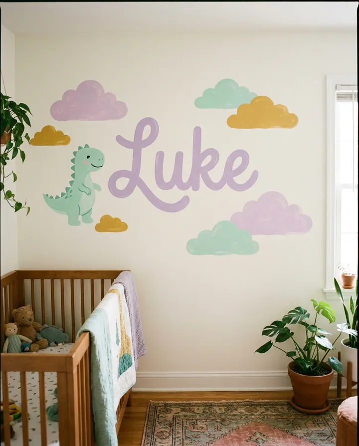 Mural infantil com o nome Luke e um dinossauro